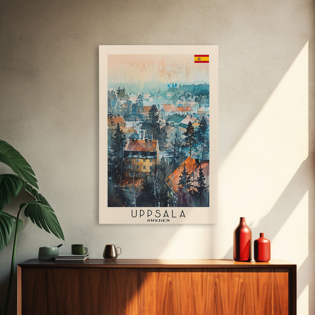 Uppsala Sweden Travel Poster Framed Canvas Print, Watercolor Painting, Urban Wall Art, Home Decor, Swedish Cityscape, Classic Decor