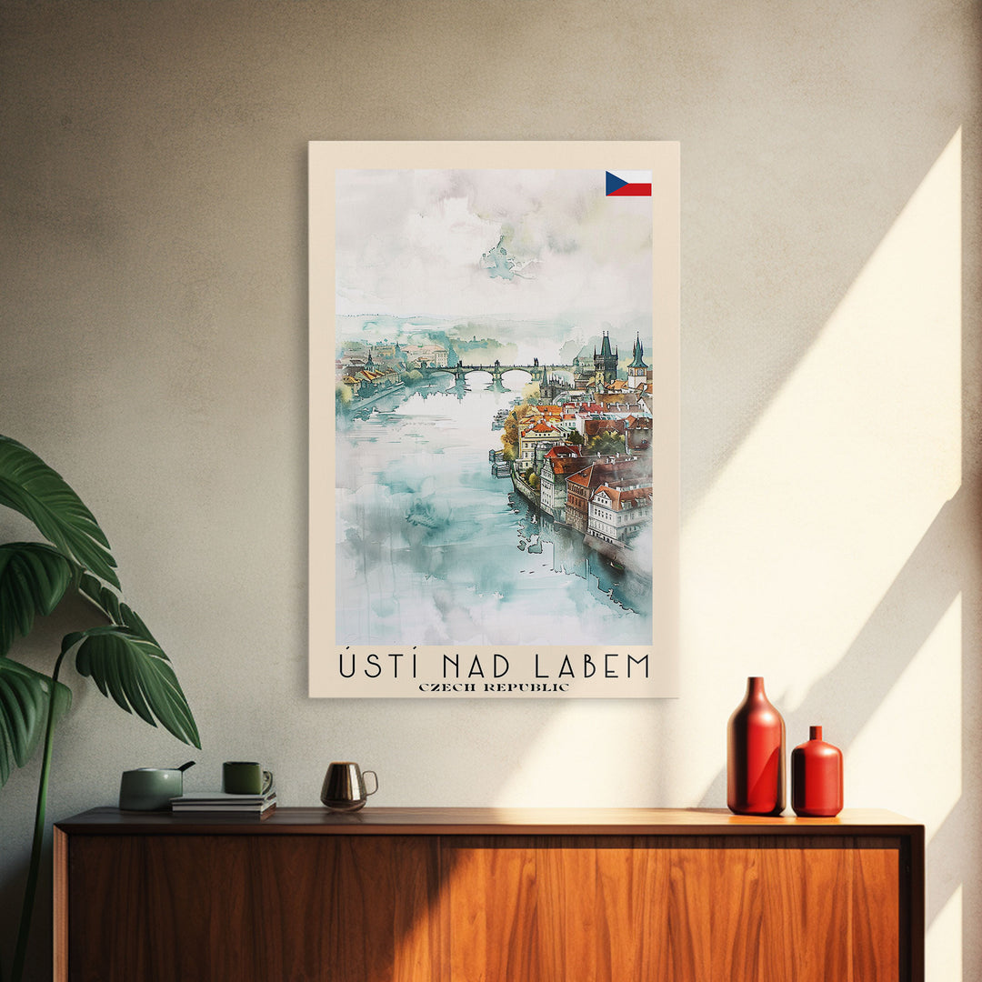 Usti Nad Labem Czech Travel Poster Framed Canvas Print, Watercolor Painting, Scenic Wall Art, Home Decor, Czech Landscape, Bohemian Art