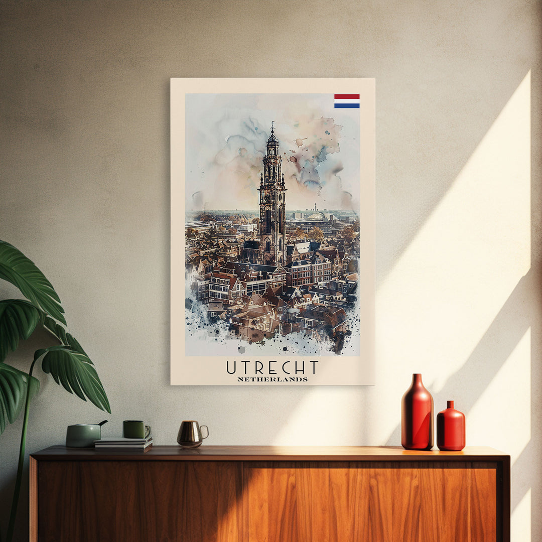 Utrecht Netherlands Travel Poster Framed Canvas Print, Watercolor Painting, Urban Wall Art, Home Decor, Dutch Cityscape, Trendy Art