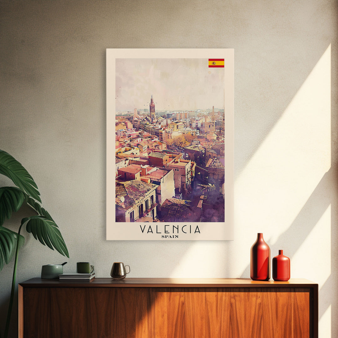 Valencia Spain Travel Poster Framed Canvas Print, Watercolor Painting, Coastal Wall Art, Home Decor, Spanish Seaside, Mediterranean Decor