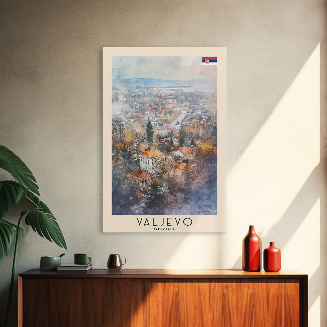 Valjevo Serbia Travel Poster Framed Canvas Print, Watercolor Painting, Scenic Wall Art, Home Decor, Serbian Landscape, Unique Art