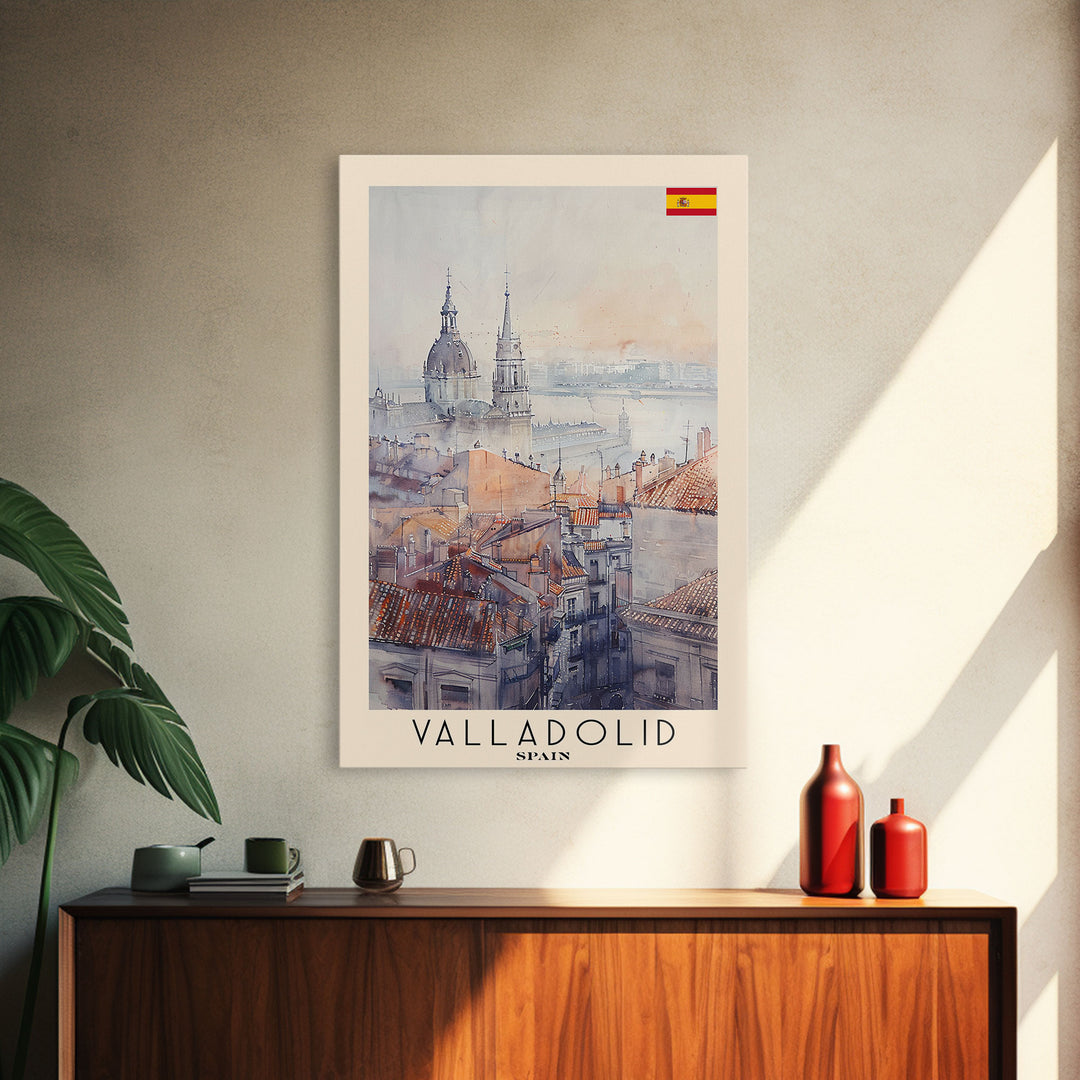 Valladolid Spain Travel Poster Framed Canvas Print, Watercolor Painting, Scenic Wall Art, Home Decor, Spanish Cityscape, Heritage Decor