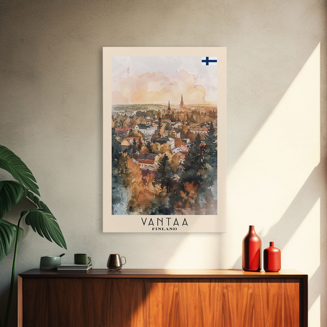 Vantaa Finland Travel Poster Framed Canvas Print, Watercolor Painting, Urban Wall Art, Home Decor, Finnish Cityscape, Modern Art