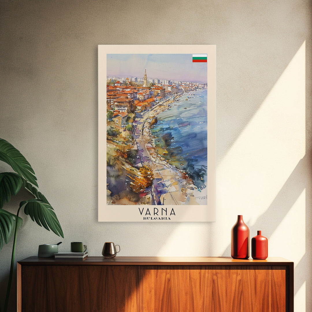 Varna Bulgaria Travel Poster Framed Canvas Print, Watercolor Painting, Coastal Wall Art, Home Decor, Bulgarian Seaside, Nautical Art