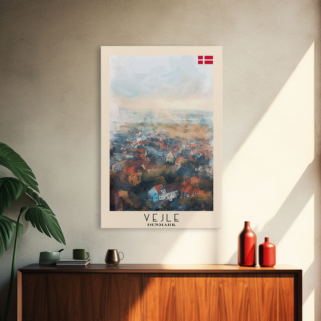 Vejle Denmark Travel Poster Framed Canvas Print, Watercolor Painting, Scenic Wall Art, Home Decor, Danish Landscape, Nordic Decor