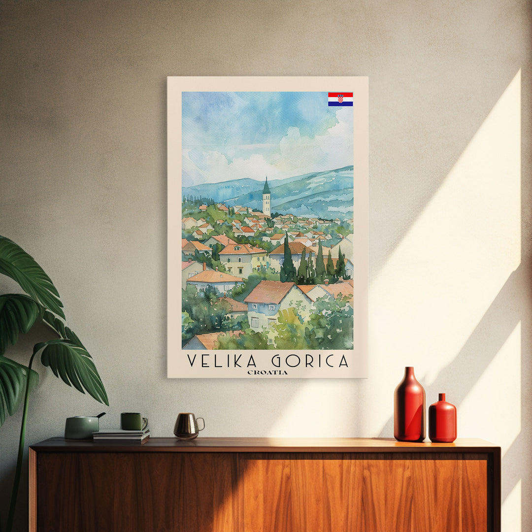 Velika Gorica Croatia Travel Poster Framed Canvas Print, Watercolor Painting, Urban Wall Art, Home Decor, Croatian Cityscape, Vibrant Art