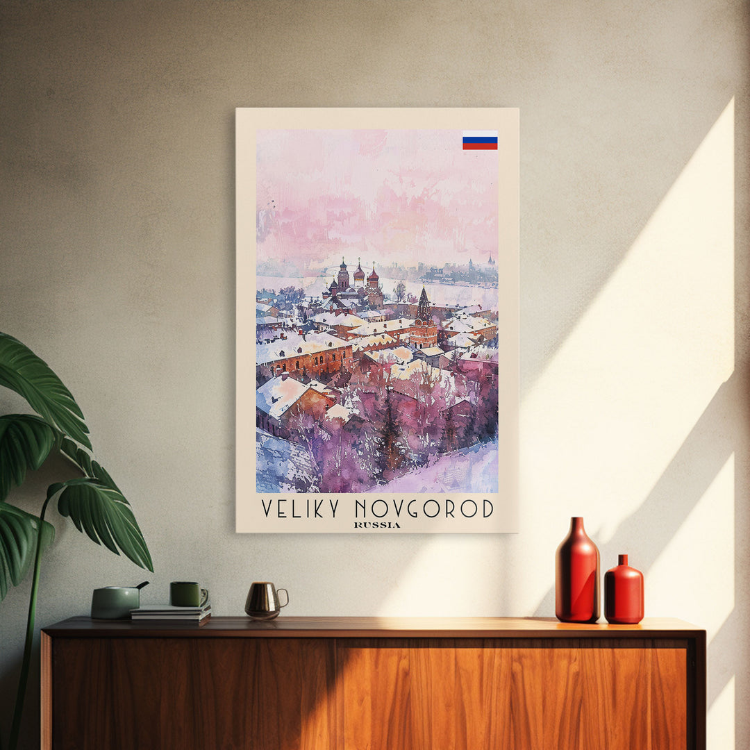 Veliky Novgorod Russia Travel Poster Framed Canvas Print, Watercolor Painting, Historic Wall Art, Home Decor, Russian Architecture, Classic Decor