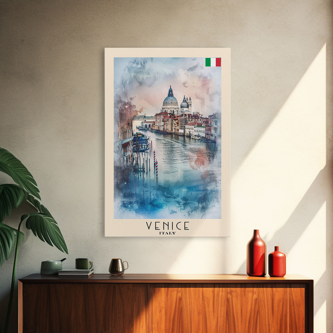 Venice Italy Travel Poster Framed Canvas Print, Watercolor Painting, Scenic Wall Art, Home Decor, Italian Canals, Romantic Decor