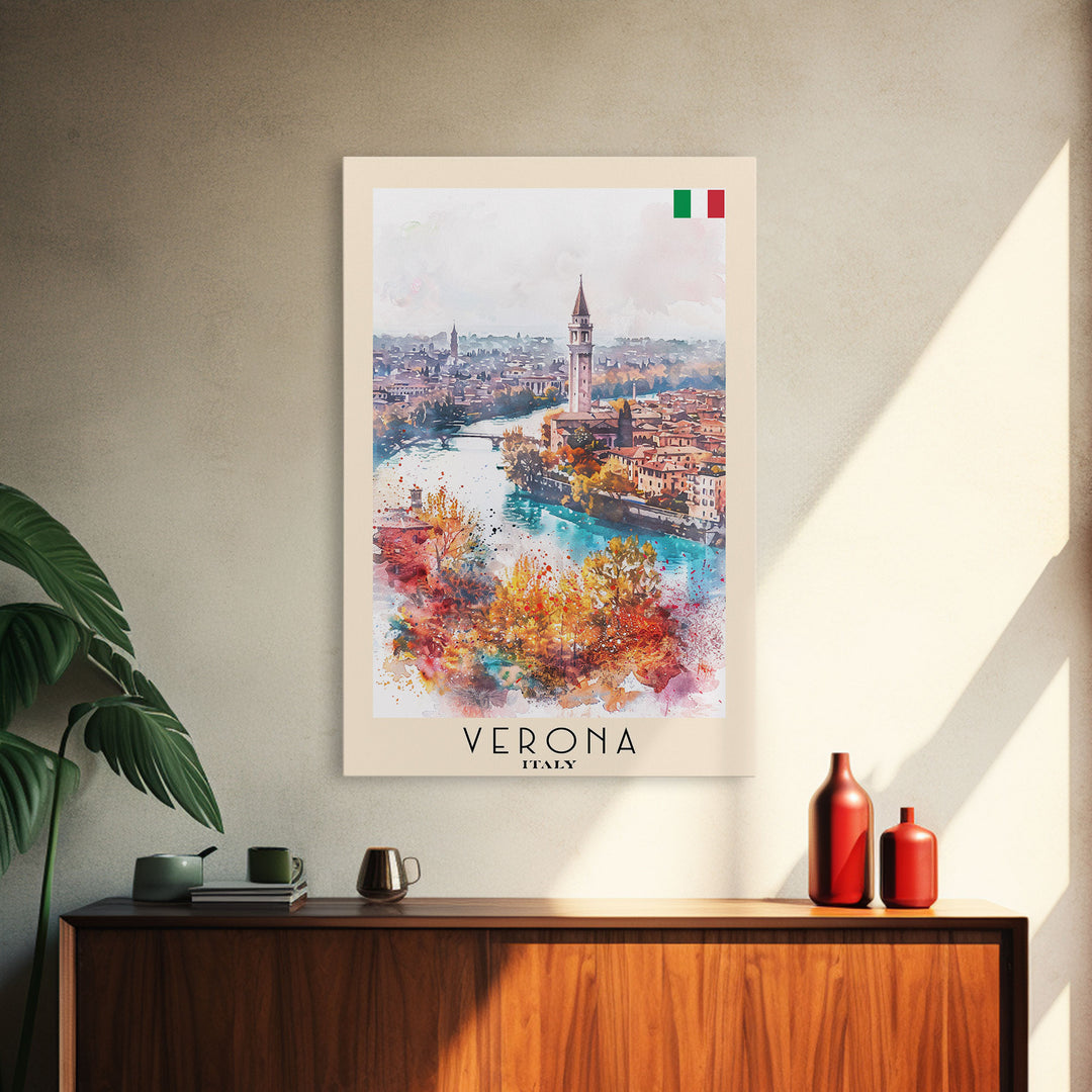 Verona Italy Travel Poster Framed Canvas Print, Watercolor Painting, Historic Wall Art, Home Decor, Italian Cityscape, Shakespearean Decor