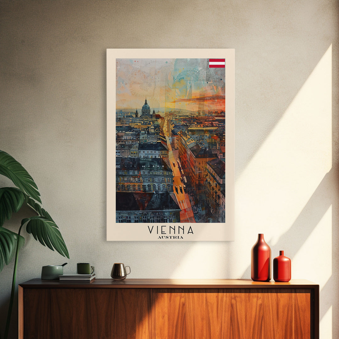 Vienna Austria Travel Poster Framed Canvas Print, Watercolor Painting, Historic Wall Art, Home Decor, Austrian Cityscape, Elegant Decor