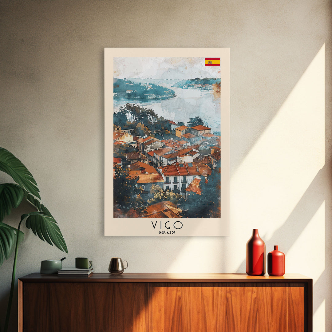 Vigo Spain Travel Poster Framed Canvas Print, Watercolor Painting, Coastal Wall Art, Home Decor, Spanish Seaside, Mediterranean Art