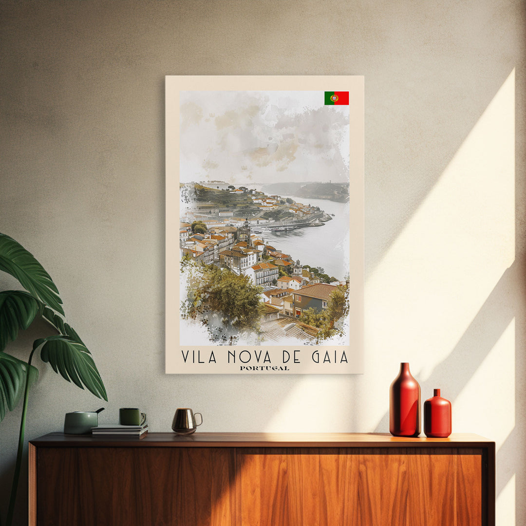 Vila Nova de Gaia Portugal Travel Poster Framed Canvas Print, Watercolor Painting, Scenic Wall Art, Home Decor, Portuguese Landscape, Vintage Art