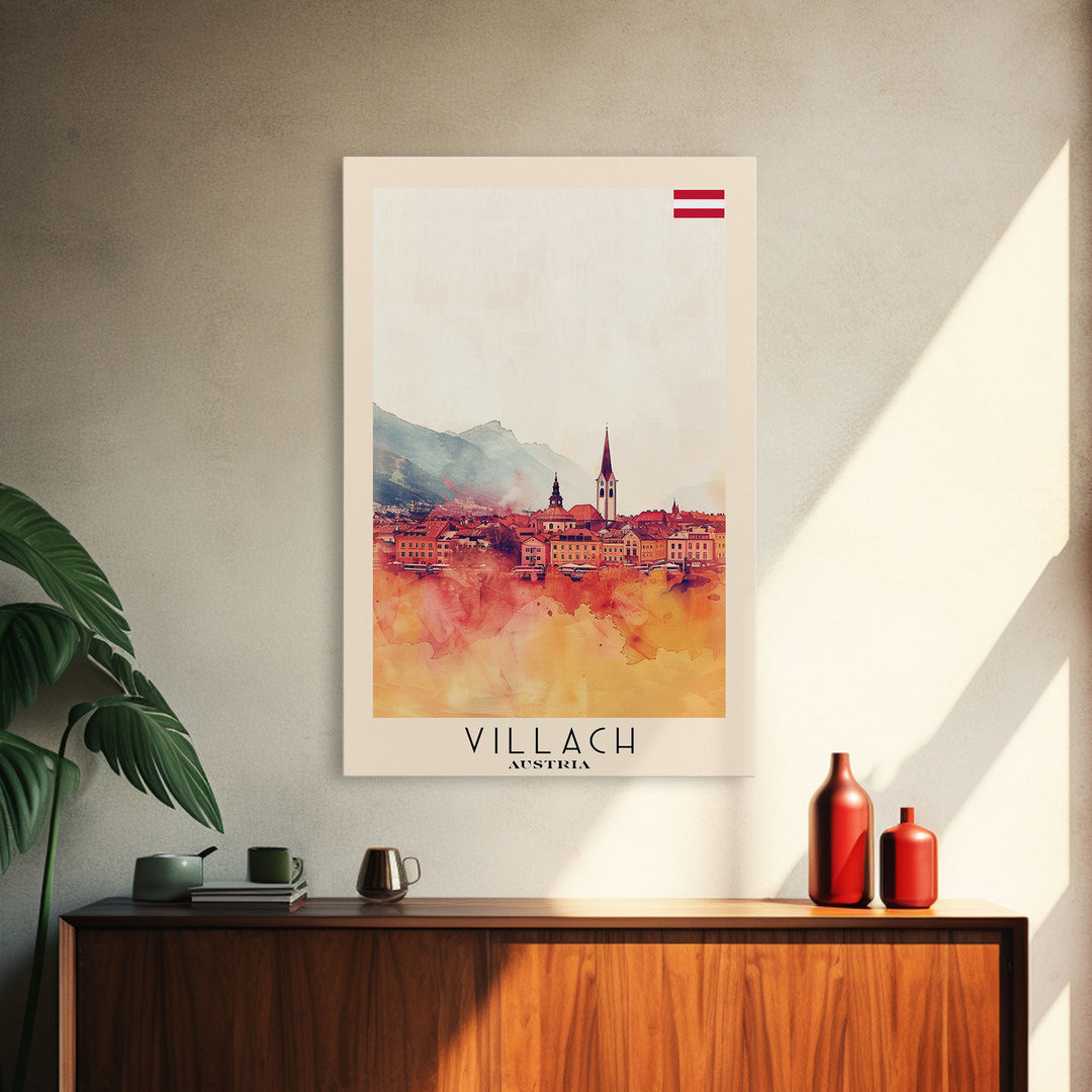 Villach Austria Travel Poster Framed Canvas Print, Watercolor Painting, Scenic Wall Art, Home Decor, Austrian Landscape, Alpine Art