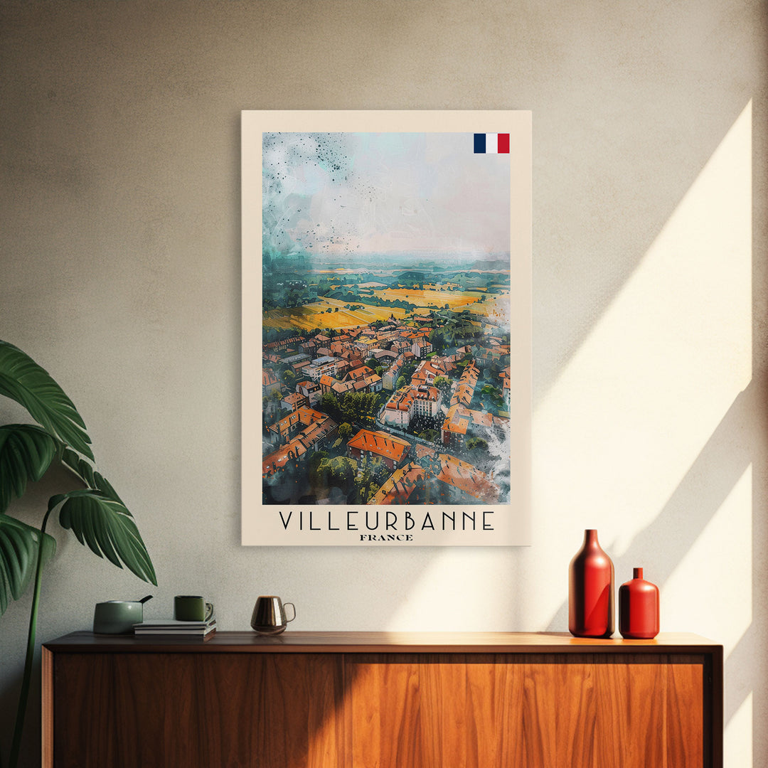 Villeurbanne France Travel Poster Framed Canvas Print, Watercolor Painting, Urban Wall Art, Home Decor, French Cityscape, Contemporary Decor