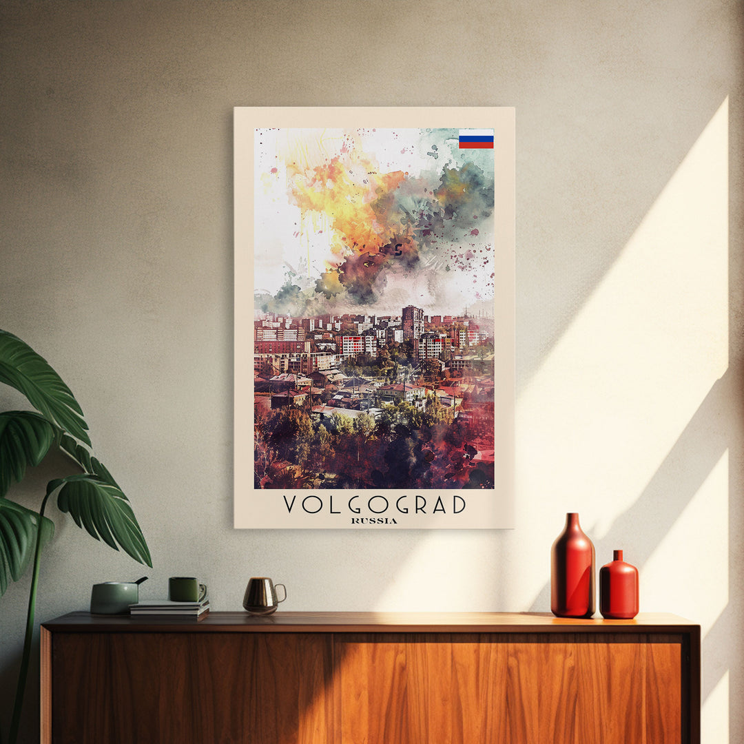 Volgograd Russia Travel Poster Framed Canvas Print, Watercolor Painting, Urban Wall Art, Home Decor, Russian Cityscape, Heritage Art