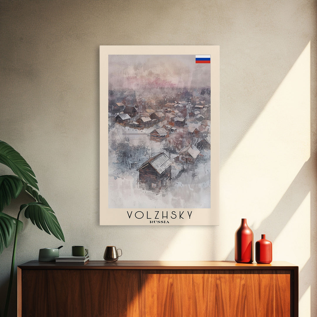 Volzhsky Russia Travel Poster Framed Canvas Print, Watercolor Painting, Urban Wall Art, Home Decor, Russian Cityscape, Classic Decor