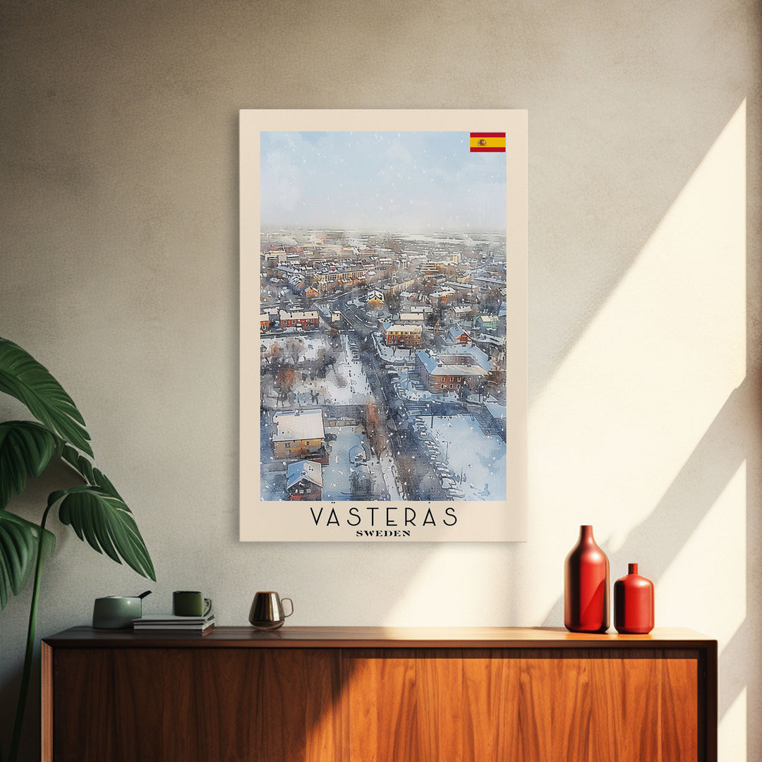 Vsters Sweden Travel Poster Framed Canvas Print, Watercolor Painting, Urban Wall Art, Home Decor, Swedish Cityscape, Modern Art