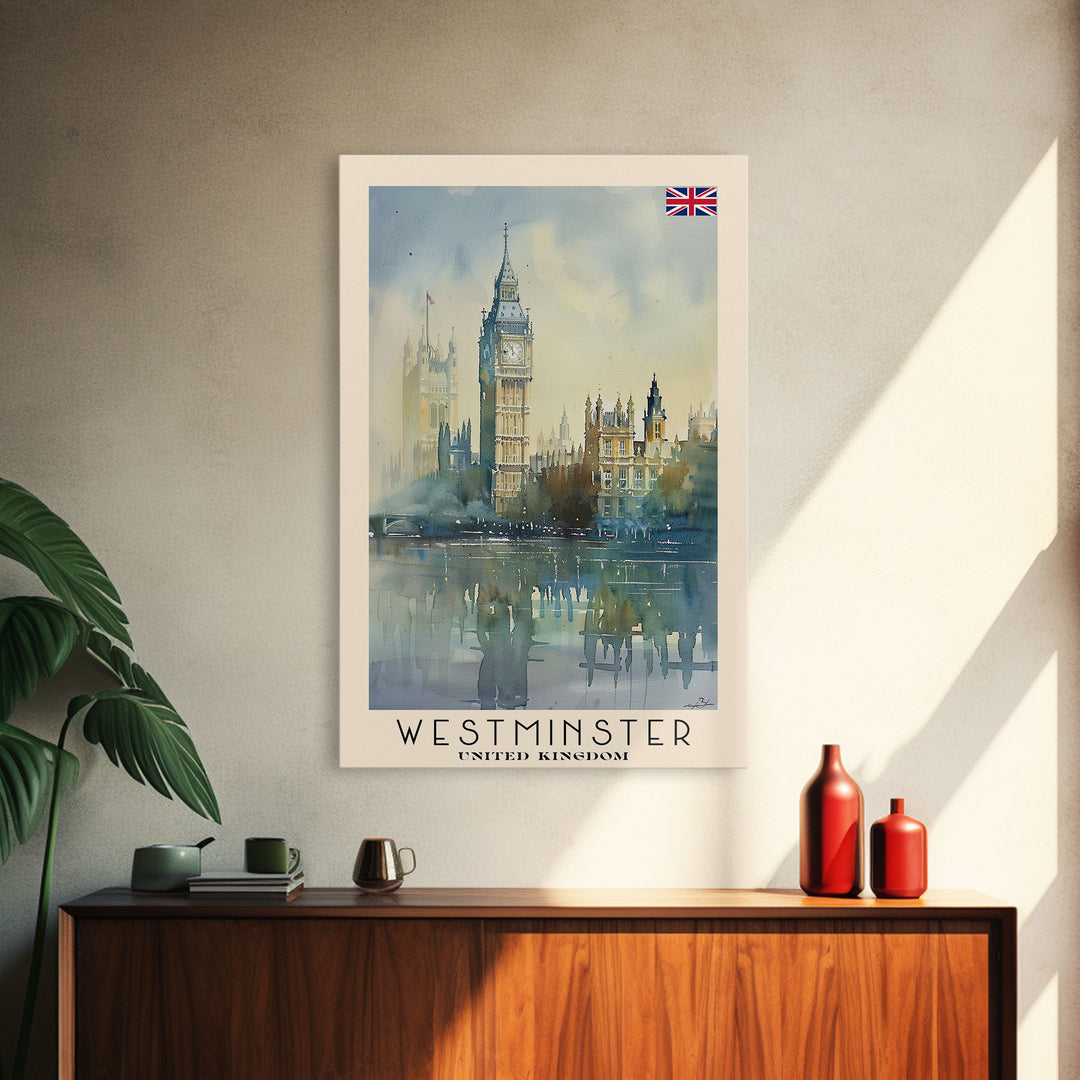 Westminster United Kingdom Travel Poster Framed Canvas Print, Watercolor Painting, Urban Wall Art, Home Decor, British Cityscape, Gift for Travelers