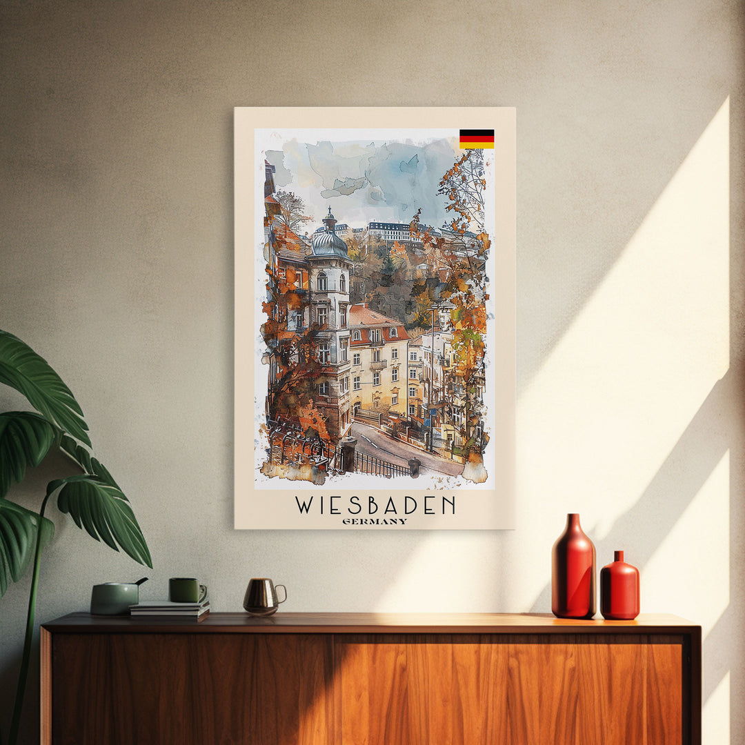 Wiesbaden Germany Travel Poster Framed Canvas Print, Watercolor Painting, Scenic Wall Art, Home Decor, German Cityscape, Artistic Gift