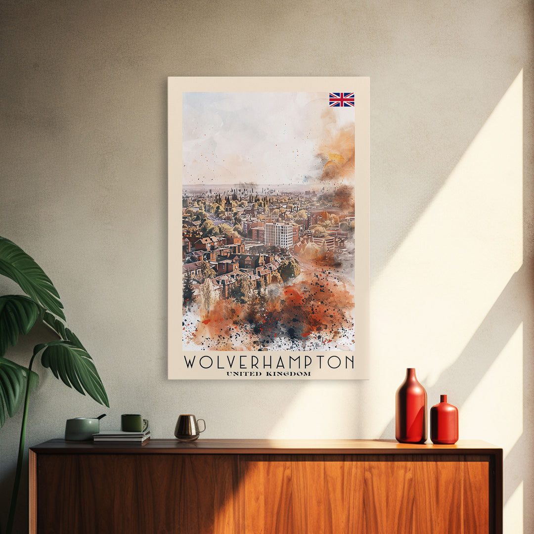 Wolverhampton United Kingdom Travel Poster Framed Canvas Print, Watercolor Painting, Urban Wall Art, Home Decor, British Cityscape, Gift for Art Lovers