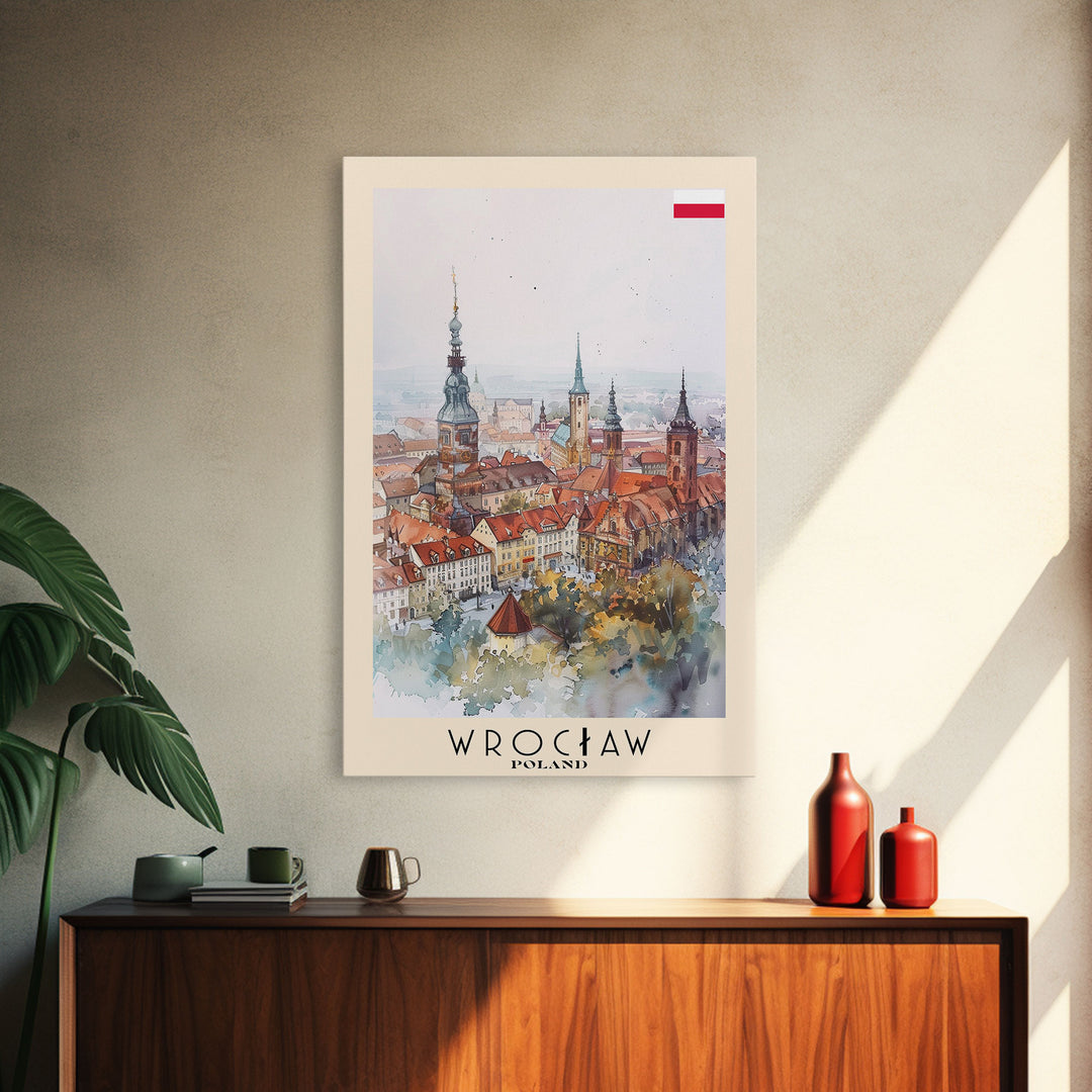 Wrocław Poland Travel Poster Framed Canvas Print, Watercolor Painting, Urban Wall Art, Home Decor, Polish Cityscape, Special Gift