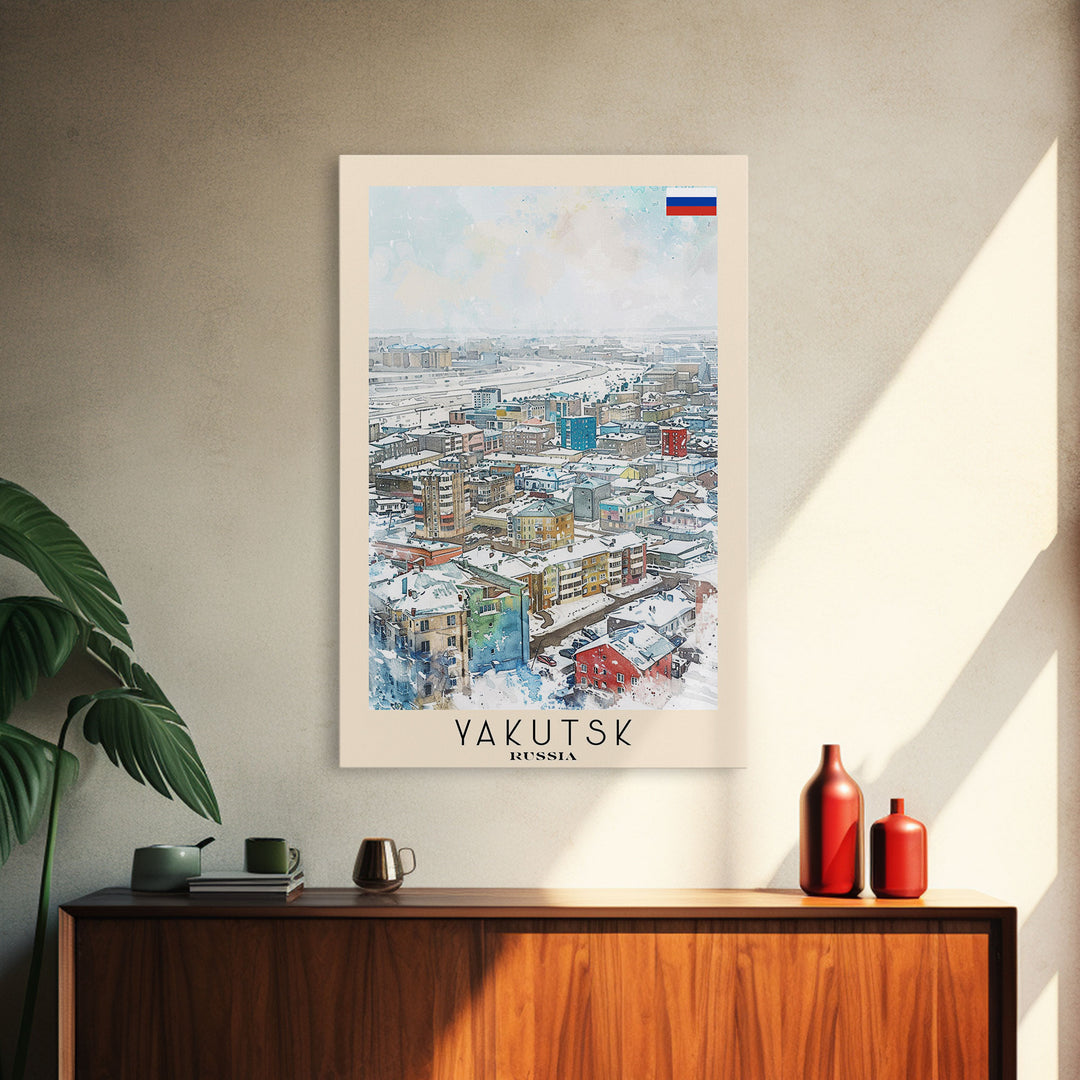 Yakutsk Russia Travel Poster Framed Canvas Print, Watercolor Painting, Scenic Wall Art, Home Decor, Russian Landscape, Unique Gift