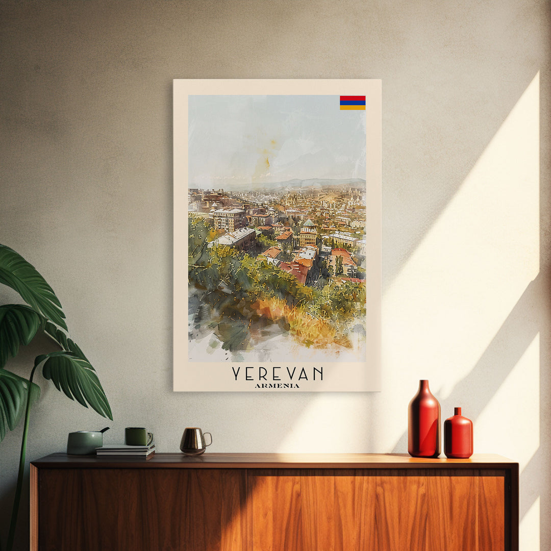 Yerevan Armenia Travel Poster Framed Canvas Print, Watercolor Painting, Scenic Wall Art, Home Decor, Armenian Landscape, Unique Gift