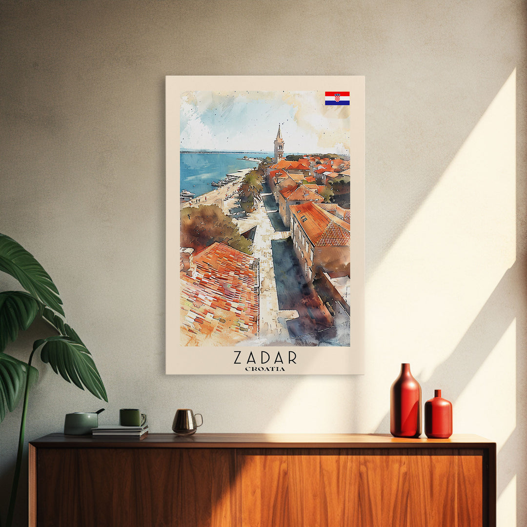 Zadar Croatia Travel Poster Framed Canvas Print, Watercolor Painting, Coastal Wall Art, Home Decor, Croatian Seaside, Nautical Gift