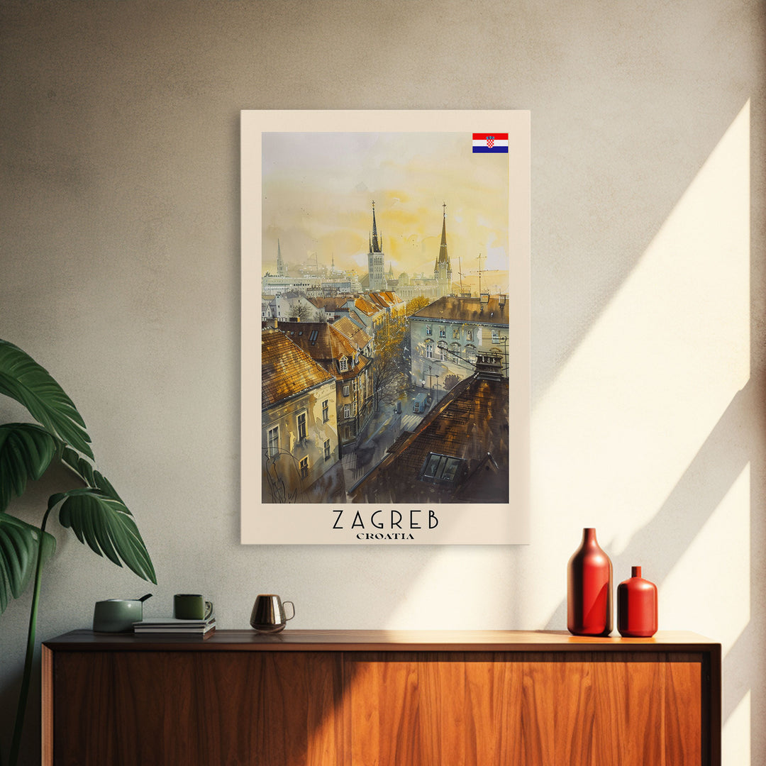 Zagreb Croatia Travel Poster Framed Canvas Print, Watercolor Painting, Urban Wall Art, Home Decor, Croatian Cityscape, Gift for Travelers