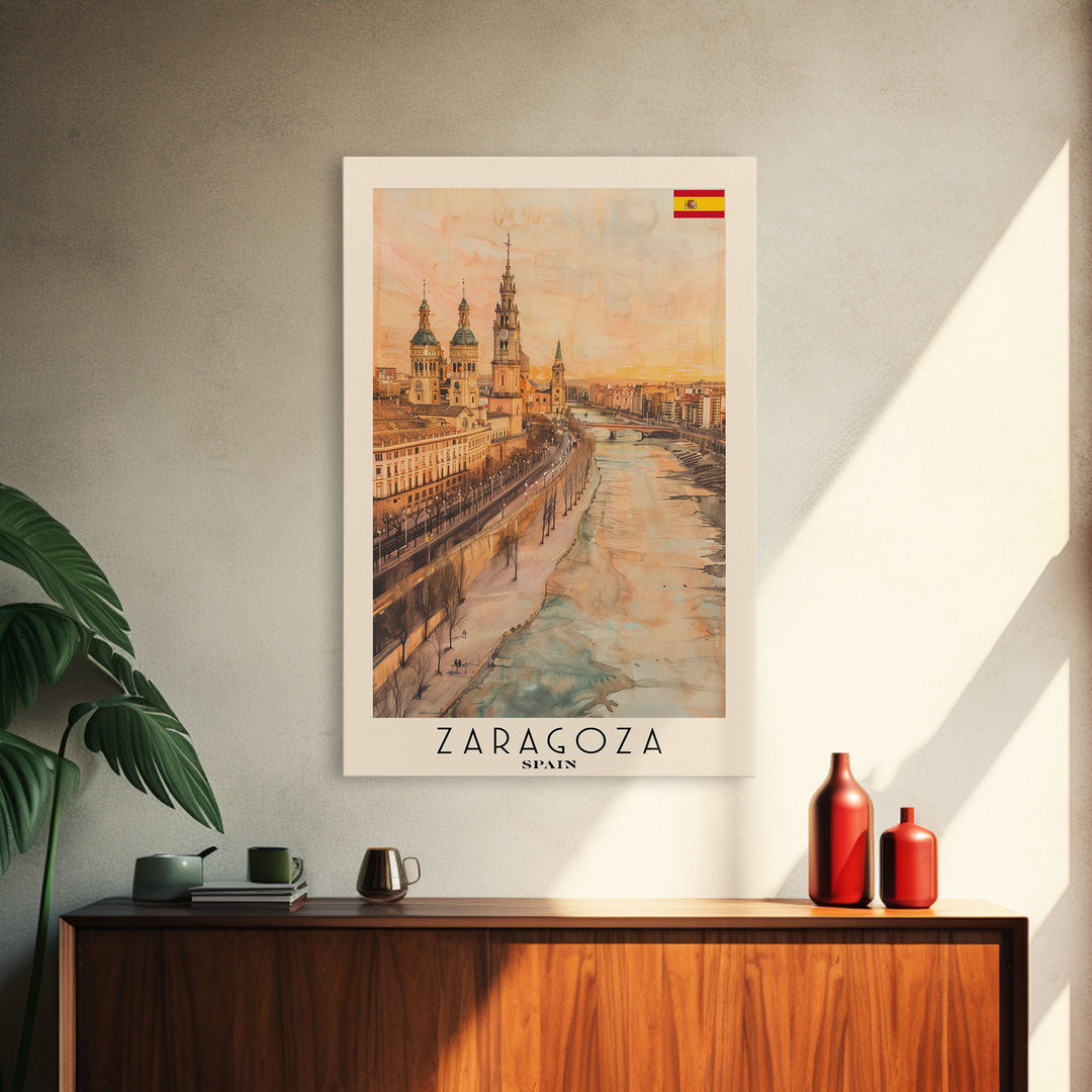 Zaragoza Spain Travel Poster Framed Canvas Print, Watercolor Painting, Urban Wall Art, Home Decor, Spanish Cityscape, Artistic Gift