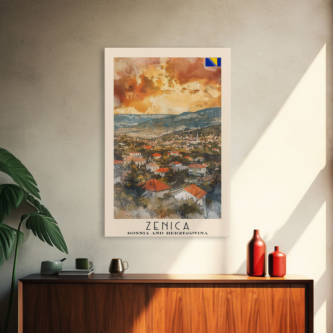 Zenica Bosnia Travel Poster Framed Canvas Print, Watercolor Painting, Scenic Wall Art, Home Decor, Bosnian Landscape, Unique Gift