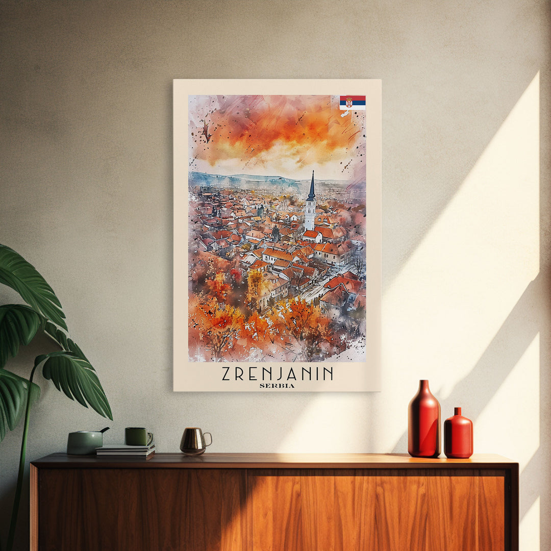 Zrenjanin Serbia Travel Poster Framed Canvas Print, Watercolor Painting, Scenic Wall Art, Home Decor, Serbian Landscape, Unique Gift