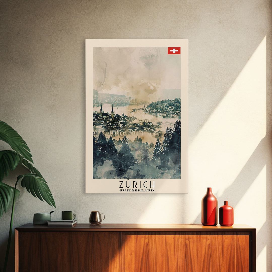 Zurich Switzerland Travel Poster Framed Canvas Print, Watercolor Painting, Urban Wall Art, Home Decor, Swiss Cityscape, Elegant Gift