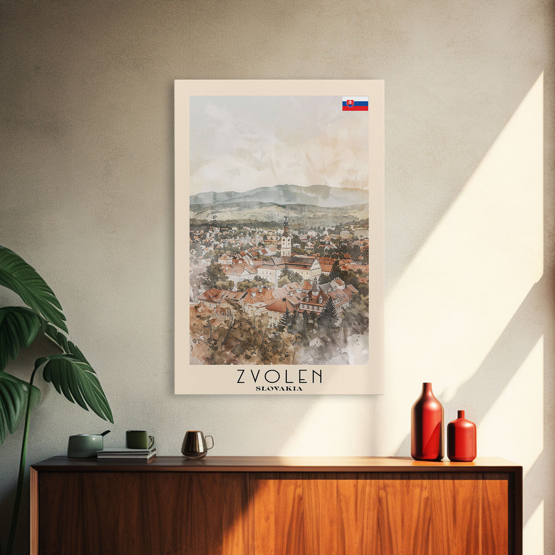 Zvolen Slovakia Travel Poster Framed Canvas Print, Watercolor Painting, Scenic Wall Art, Home Decor, Slovakian Landscape, Artistic Gift