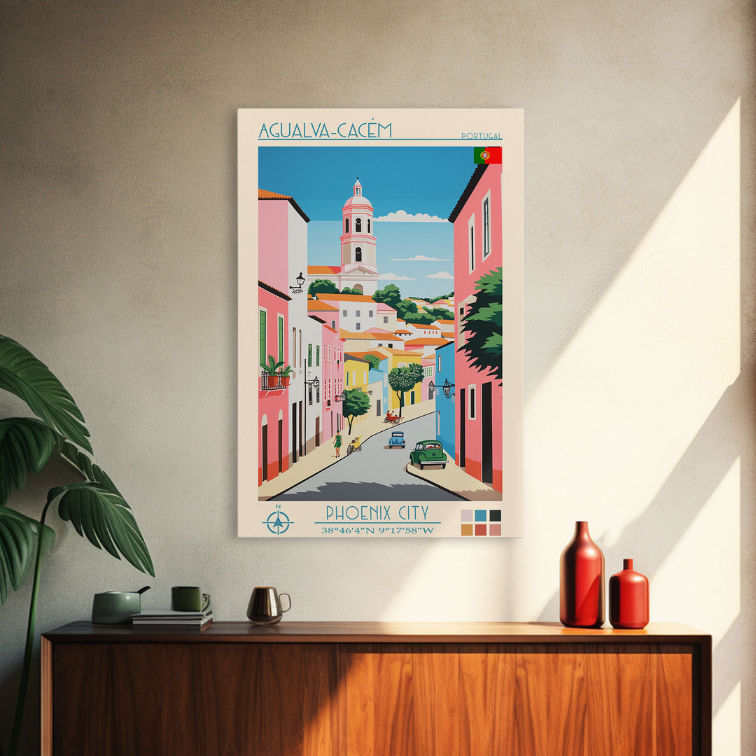 Agualva-Cacém Portugal Travel Poster Framed Canvas Print, Midcentury Modern Art, Pop Art Decor, Scenic View Wall Art, Vacation Gift, Home Decoration, Living Room Print