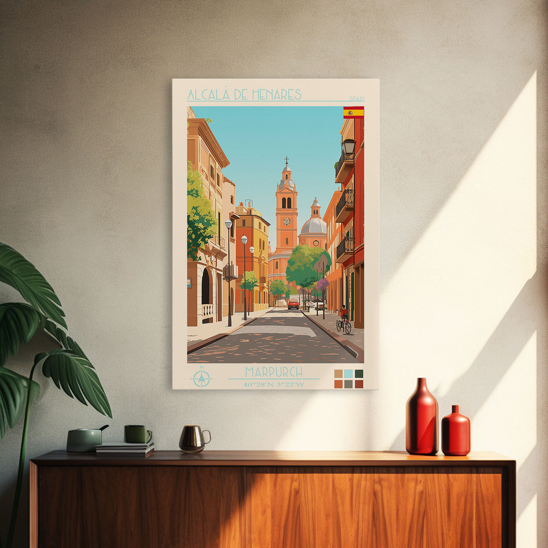 Alcalá de Henares Spain Travel Poster Framed Canvas Print, Midcentury Modern Art, Pop Art Decor, Wall Art, Vacation Gift, Living Room Decoration, Scenic Print