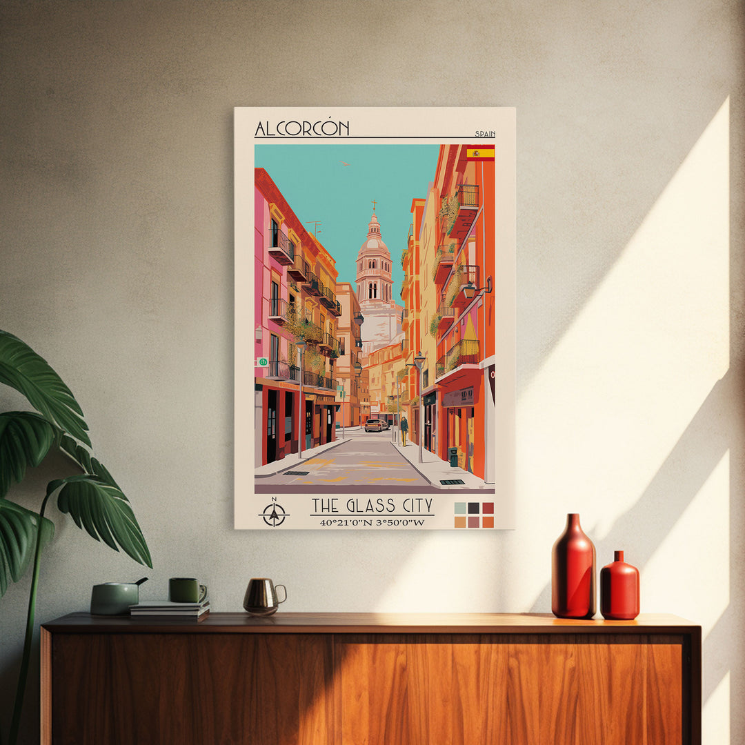 Alcorcón Spain Travel Poster Framed Canvas Print, Midcentury Modern Art, Pop Art Decor, Wall Art, Vacation Gift, Living Room Decoration, Scenic Print