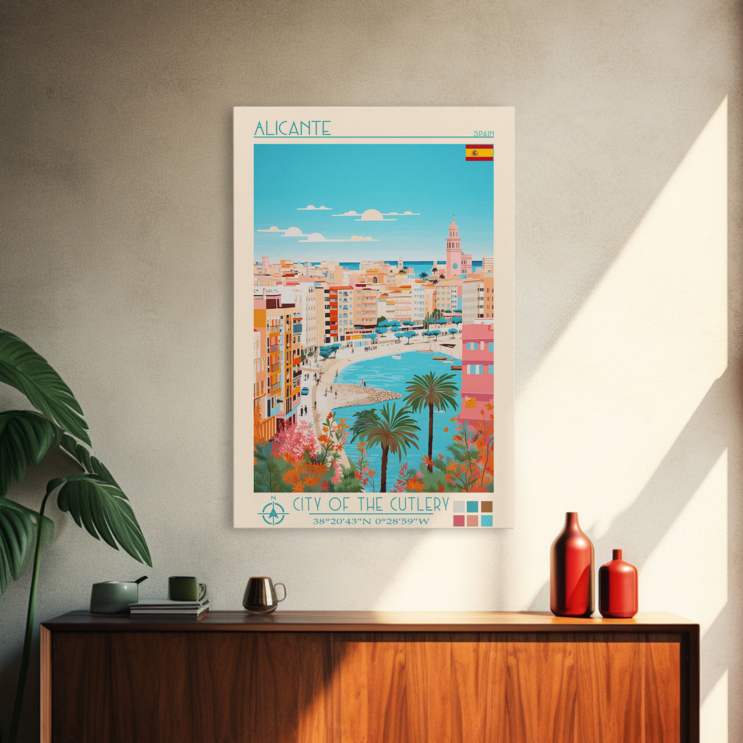 Alicante Spain Travel Poster Framed Canvas Print, Midcentury Modern Art, Pop Art Decor, Wall Art, Vacation Gift, Living Room Decoration, Scenic Print