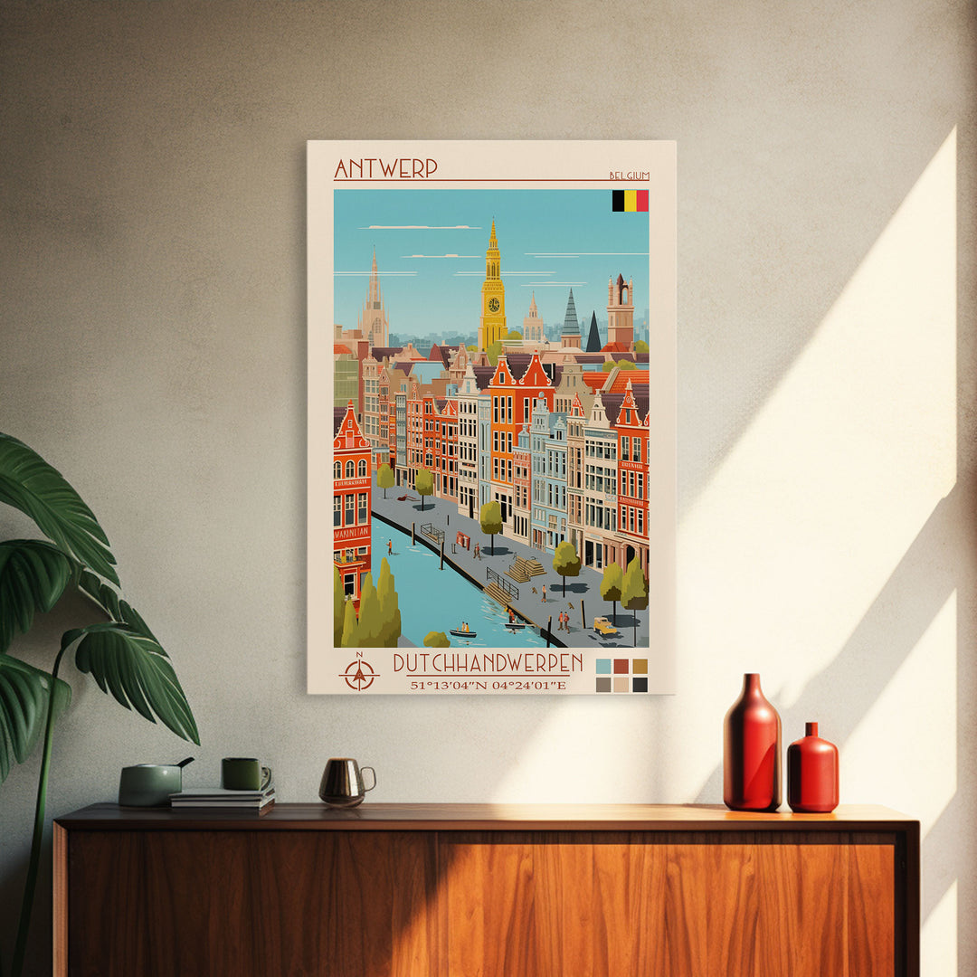 Antwerp Belgium Travel Poster Framed Canvas Print, Midcentury Modern Art, Pop Art Wall Decor, Home Decor, Vacation Gift, Living Room Art