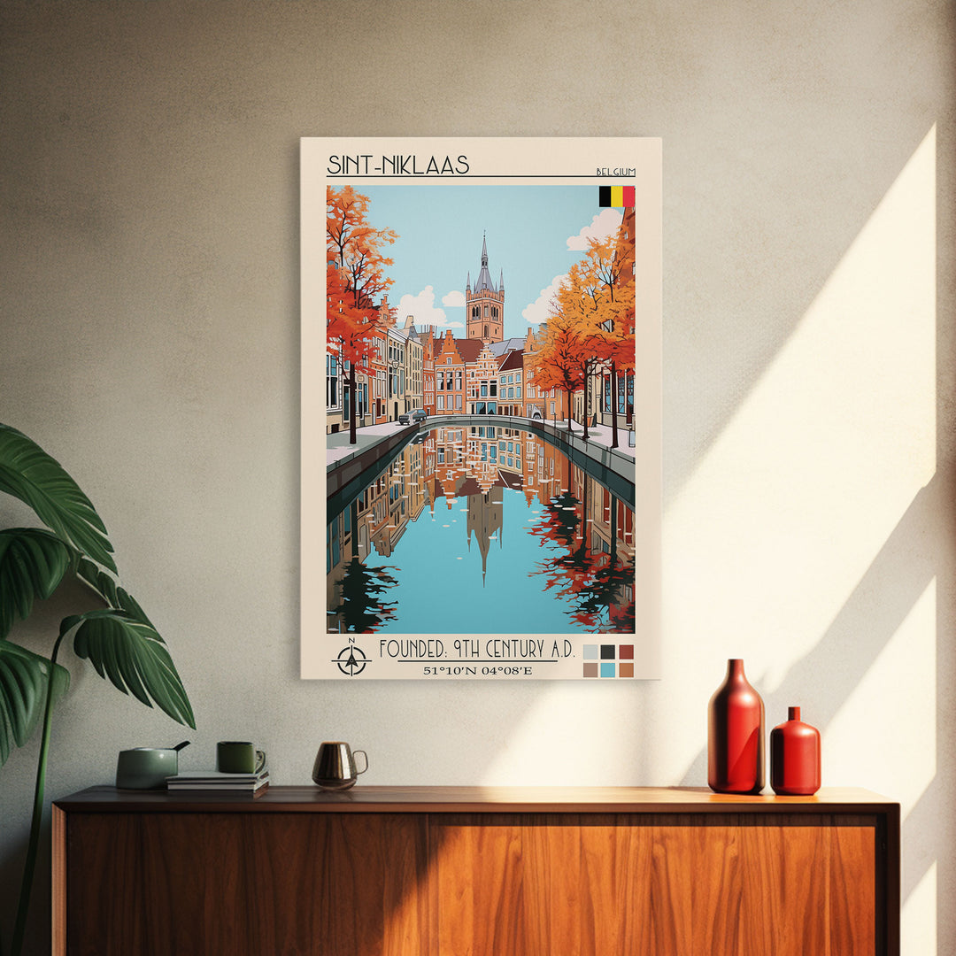 Sint-Niklaas Belgium Travel Poster Framed Canvas Print, Midcentury Modern Art, Pop Art Wall Decor, Scenic Wall Art, Bedroom Decoration