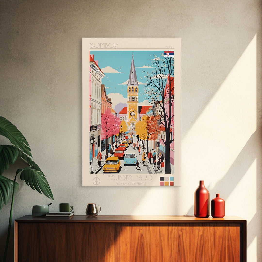 Sombor Serbia Travel Poster Framed Canvas Print, Midcentury Modern Art, Pop Art Wall Decor, Scenic Wall Art, Office Decoration