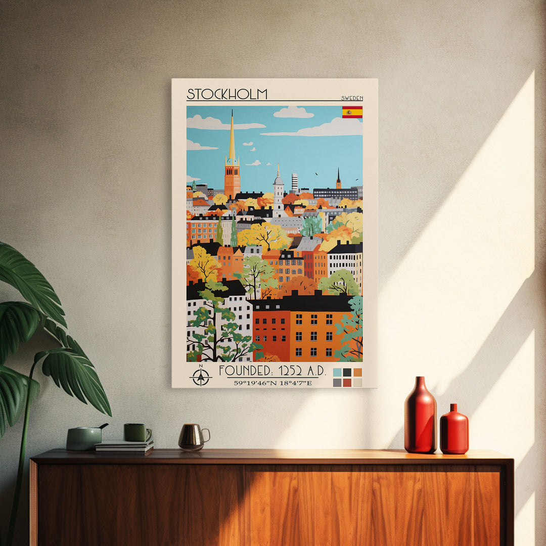 Stockholm Sweden Travel Poster Framed Canvas Print, Midcentury Modern Art, Pop Art Wall Decor, Living Room Art, Scenic Wall Art