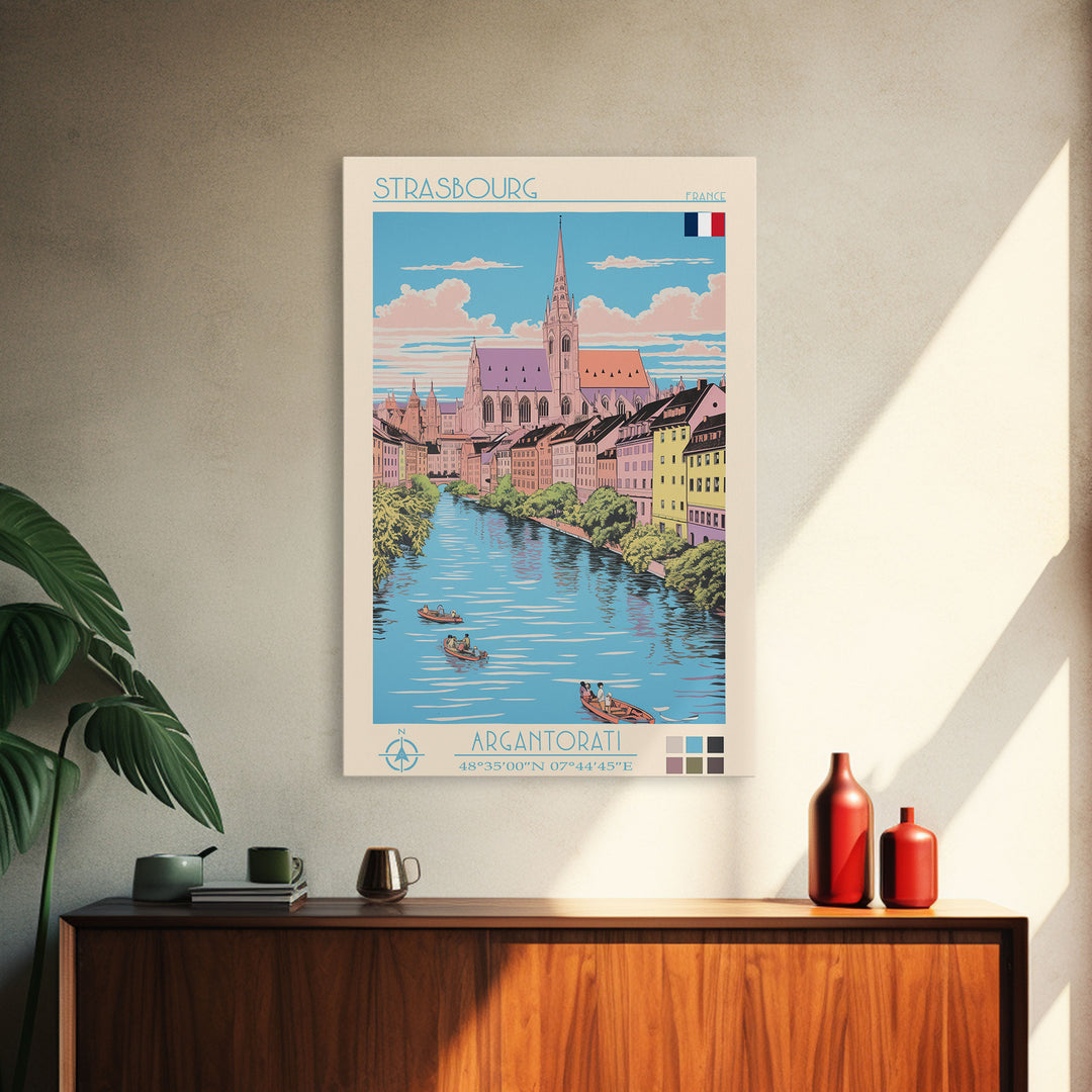 Strasbourg France Travel Poster Framed Canvas Print, Midcentury Modern Art, Pop Art Wall Decor, Living Room Art, Home Decoration