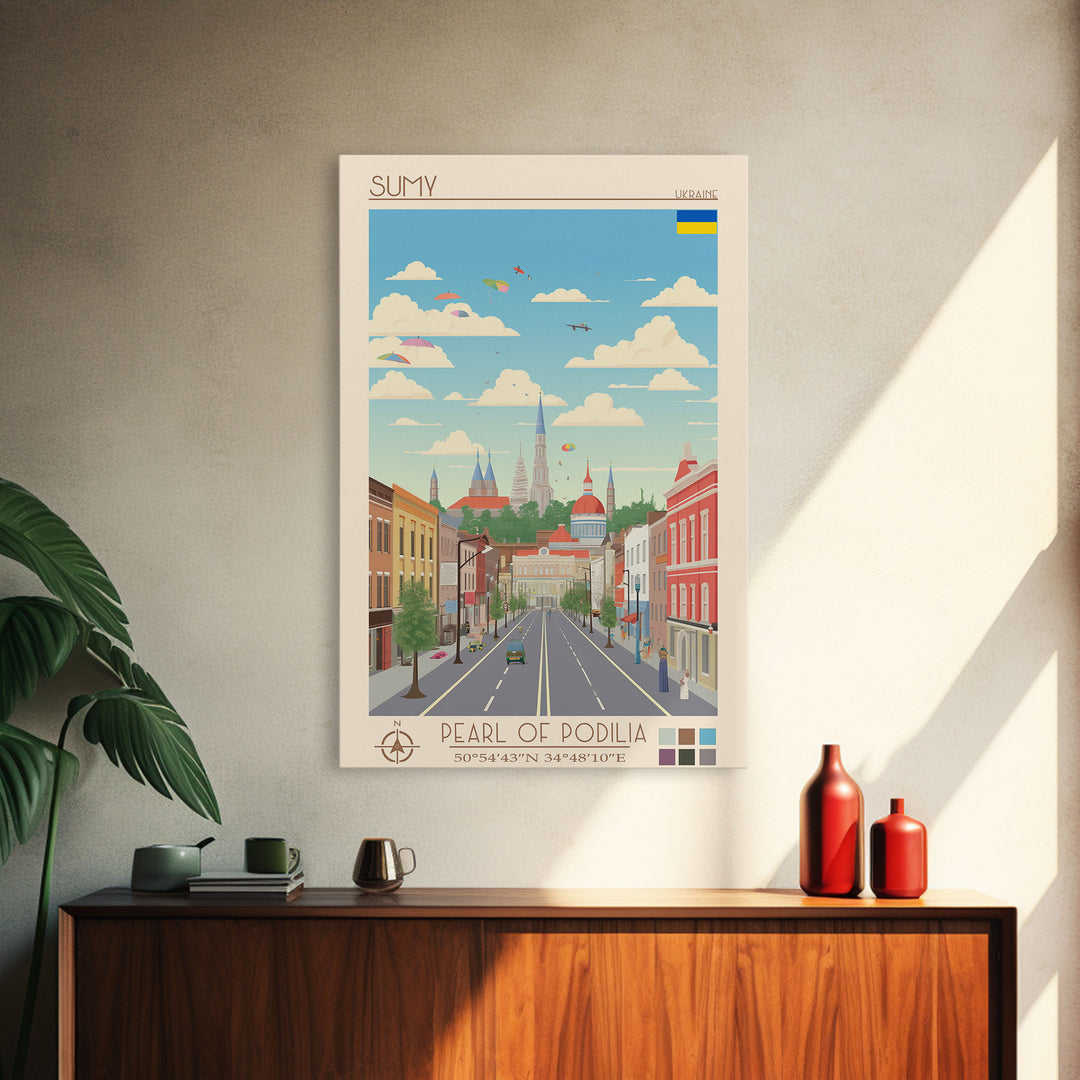 Sumy Ukraine Travel Poster Framed Canvas Print, Midcentury Modern Art, Pop Art Wall Decor, Living Room Art, Scenic Wall Art