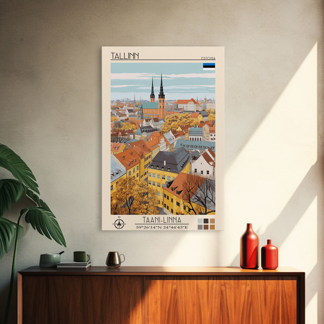 Tallinn Estonia Travel Poster Framed Canvas Print, Midcentury Modern Art, Pop Art Wall Decor, Living Room Art, Home Decoration