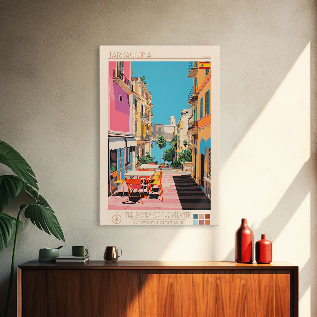 Tarragona Spain Travel Poster Framed Canvas Print, Midcentury Modern Art, Pop Art Wall Decor, Living Room Art, Scenic Wall Art