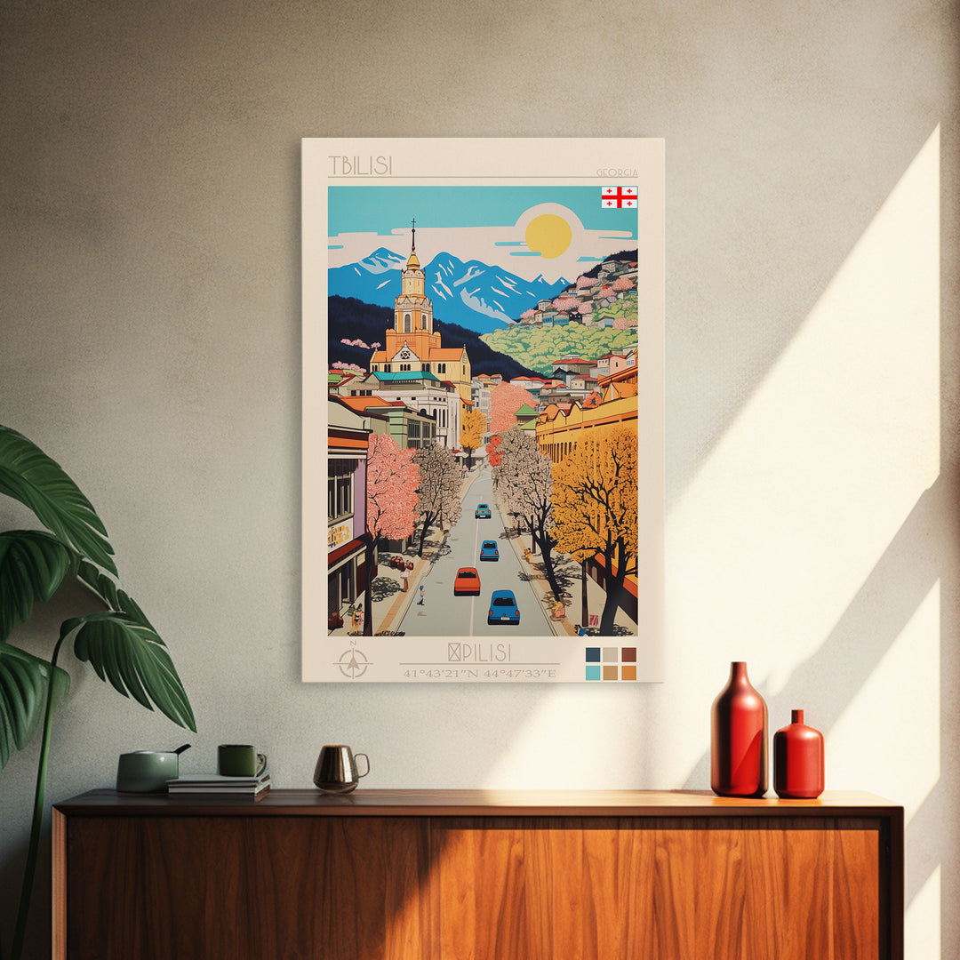 Tbilisi Georgia Travel Poster Framed Canvas Print, Midcentury Modern Art, Pop Art Wall Decor, Living Room Art, Home Decoration