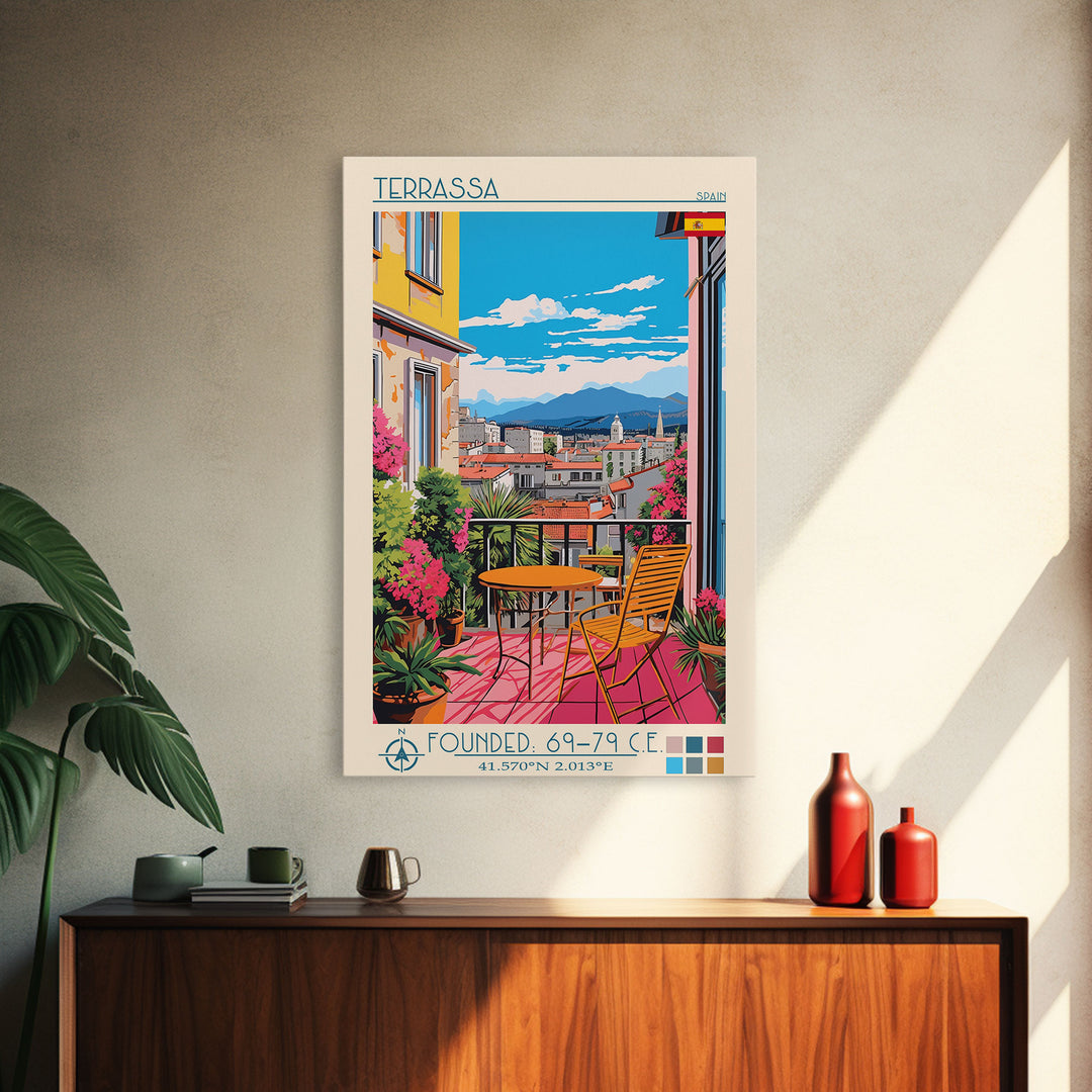 Terrassa Spain Travel Poster Framed Canvas Print, Midcentury Modern Art, Pop Art Wall Decor, Living Room Art, Home Decoration