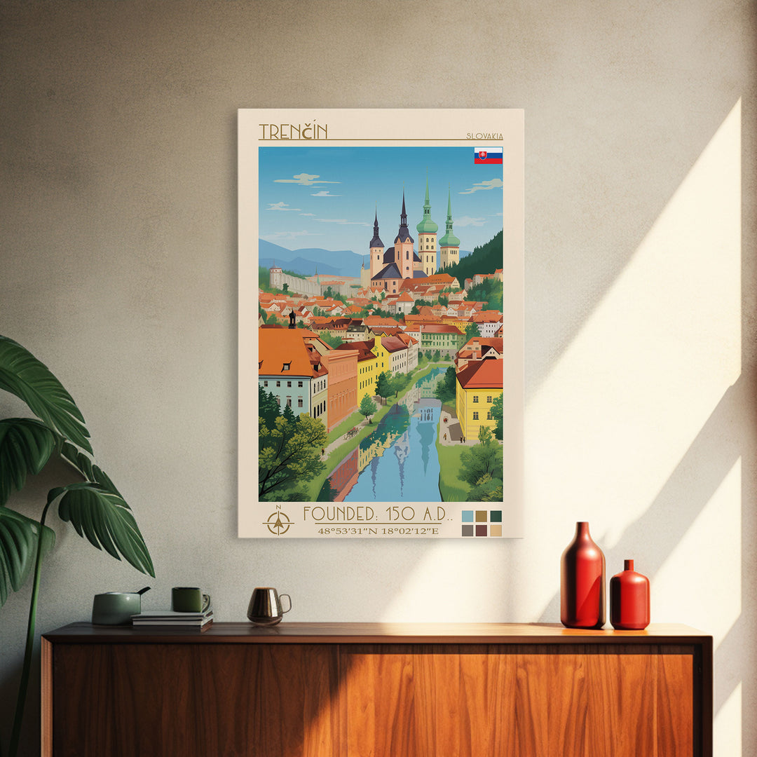 Trenčín Slovakia Travel Poster Framed Canvas Print, Midcentury Modern Art, Pop Art Wall Decor, Living Room Art, Vacation Gift