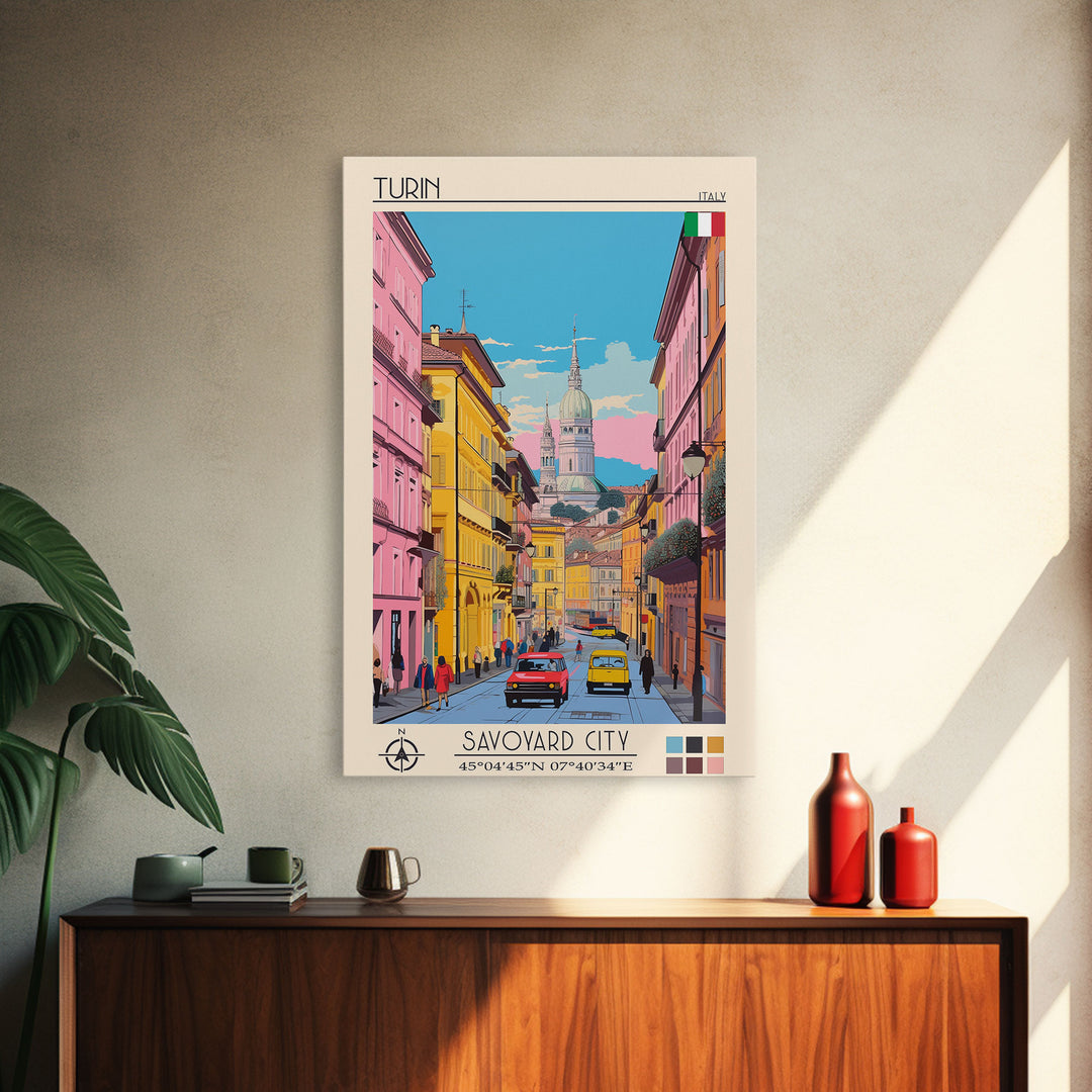 Turin Italy Travel Poster Framed Canvas Print, Midcentury Modern Art, Pop Art Wall Decor, Living Room Art, Home Decoration